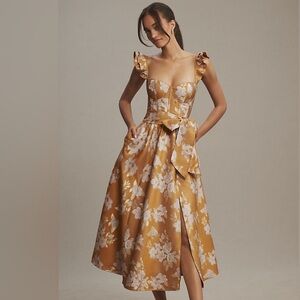 Anthropologie V. Chapman Floral Ruffle Strap Corset Midi Dress with Slit